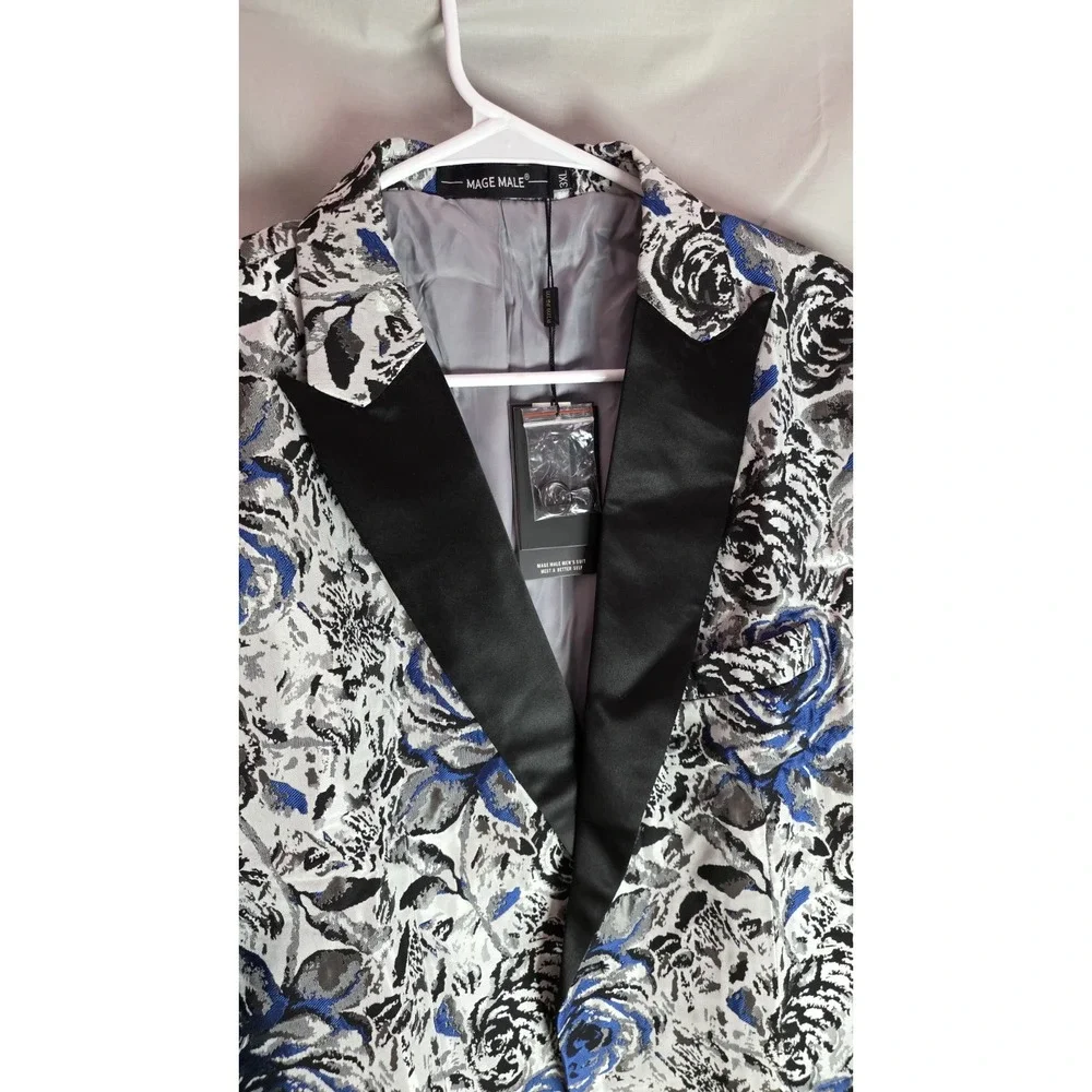 MAGE MALE 3XL - Men's Floral Blue Grey Blazer Single Button - Picture 2 of 9